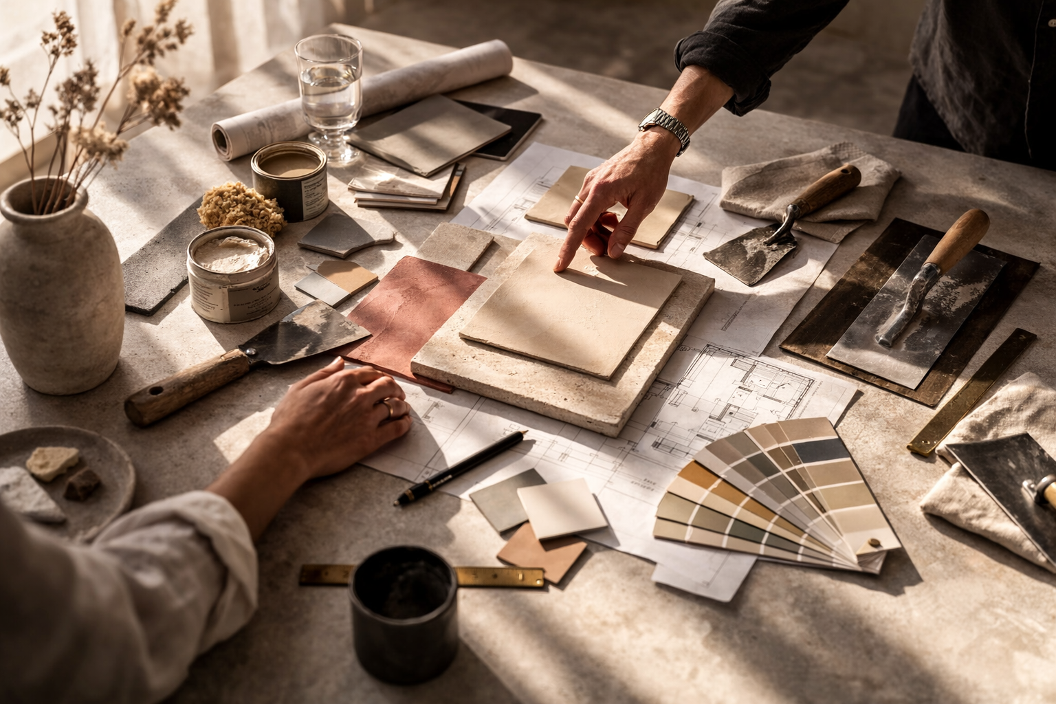 Interior designer reviewing VIOLANTE Venetian plaster samples and color swatches