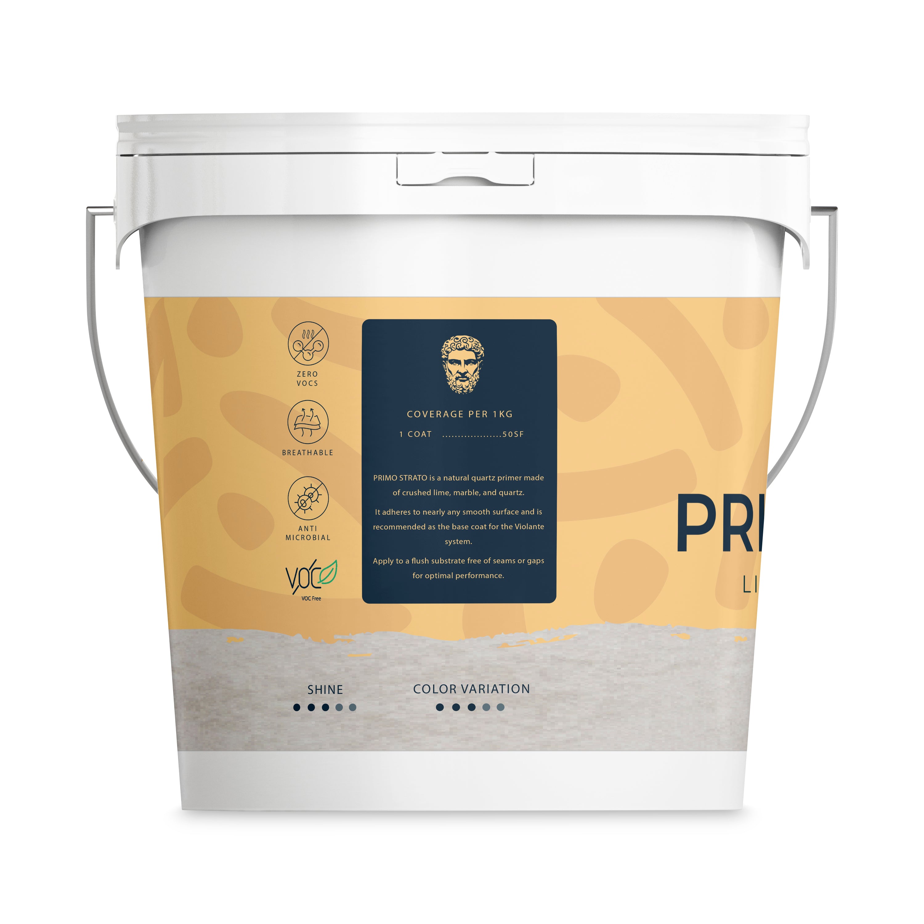 VIOLANTE Primo Strato mineral primer bucket showing coverage and Zero VOC specifications