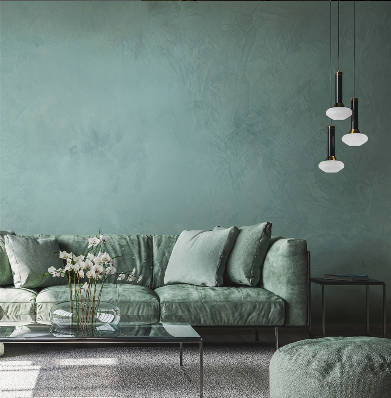 VIOLANTE Rivo Venetian plaster in sage green on modern living room wall