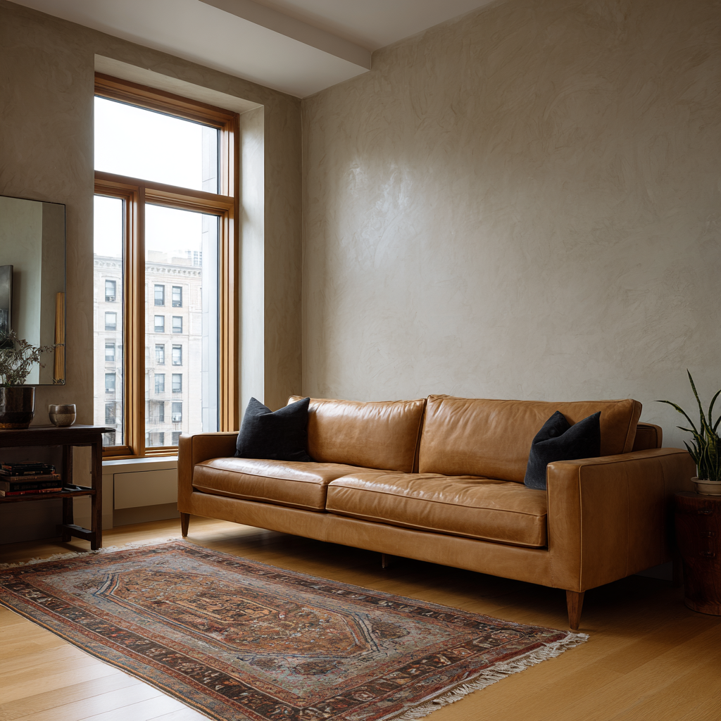 VIOLANTE Rivo smooth lime plaster in natural beige on urban living room wall